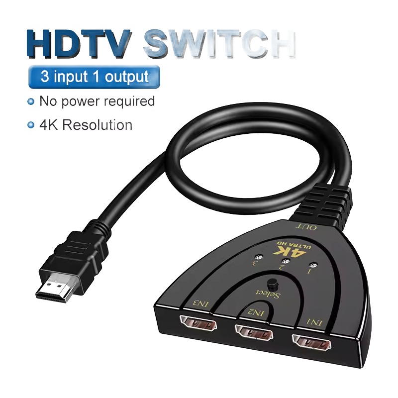 Splitter HDMI, switch HDMI 3 en 1 avec câble intégré, 4K et Full HD Splitter HDMI, switch HDMI 3 en 1 avec câble intégré, 4K et Full HD, vue principale