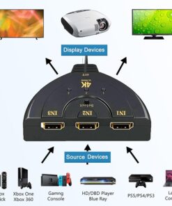 Splitter HDMI, switch HDMI 3 en 1 avec câble intégré, 4K et Full HD, vue de trois quarts