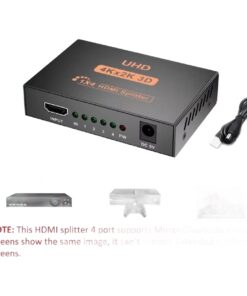 Splitter HDMI une entrée quatre sorties, boîtier alimenté, vue de trois quarts