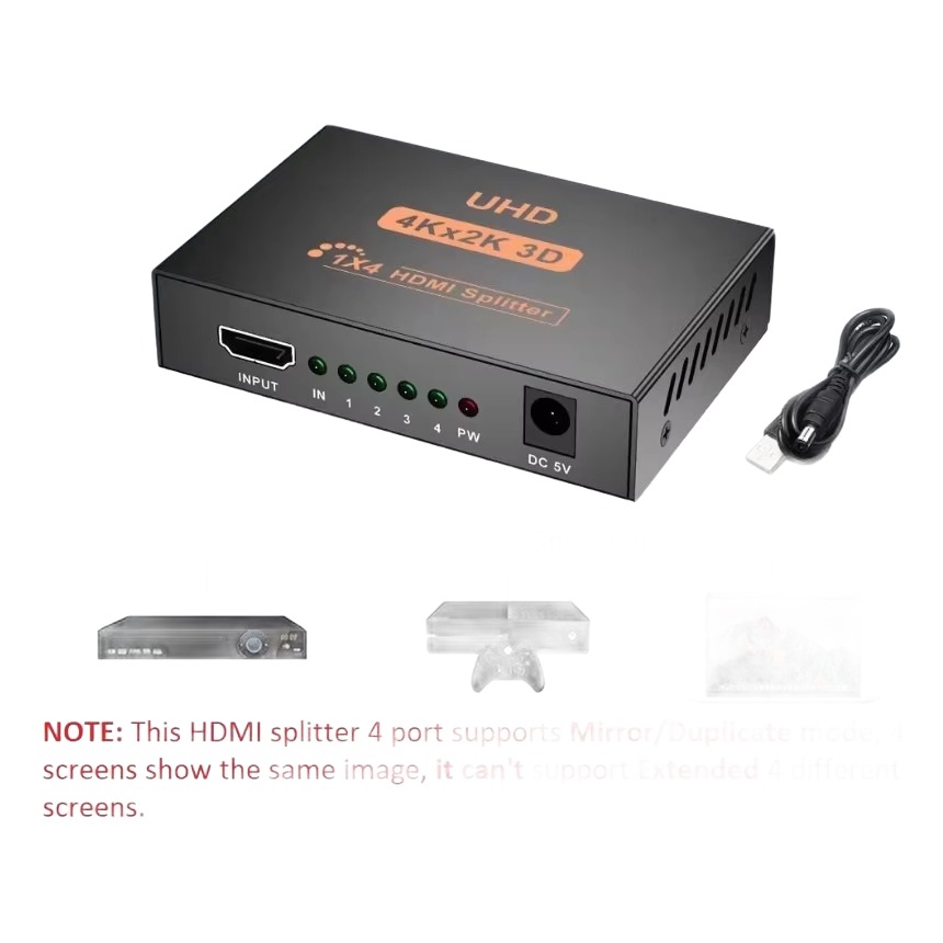 Splitter HDMI une entrée quatre sorties, boîtier alimenté Splitter HDMI une entrée quatre sorties, boîtier alimenté, vue de trois quarts