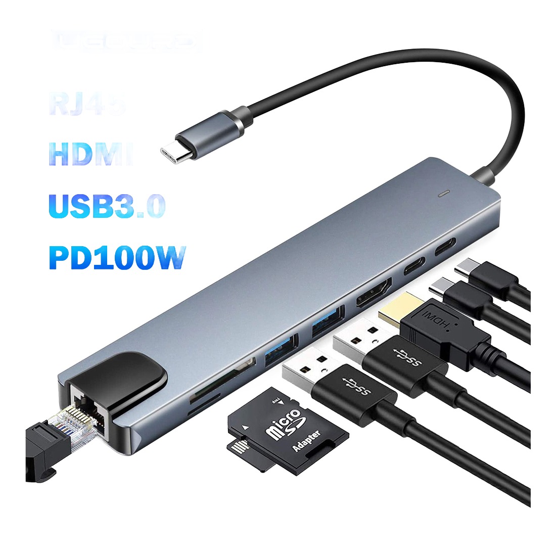 Station d'accueil USB C 8 en 1, adaptateur Ethernet USB Station d'accueil USB C 8 en 1, adaptateur Ethernet USB, vue principale