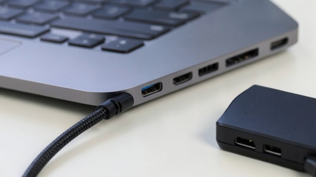 Câble USB-C Thunderbolt 4 branché sur un ordinateur portable