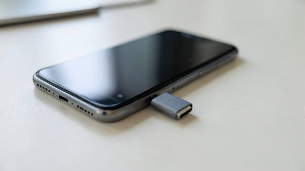 Téléphone relié à une clé USB par un adaptateur OTG