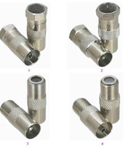 Adaptateur antenne TV, raccord fiche F vers prise coaxiale TV, 4 sens, vue de trois quarts