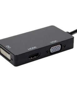 Adaptateur DisplayPort HDMI DVI VGA 3 en 1, fiche DP ou Mini DP, vue de trois quarts