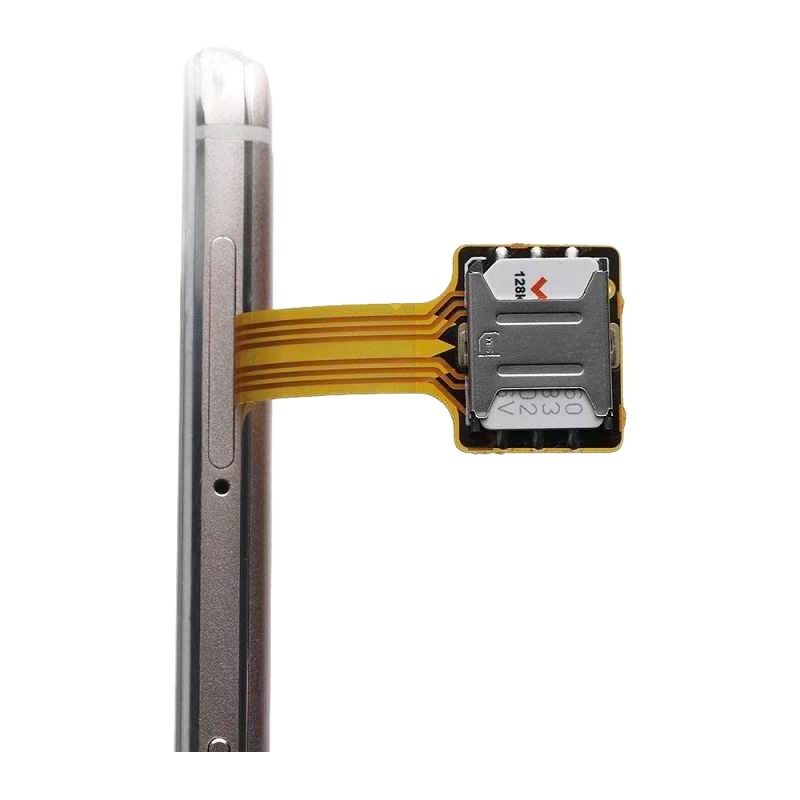 Adaptateur double SIM et carte microSD pour tiroir hybride, nappe souple Adaptateur double SIM et carte microSD pour tiroir hybride, nappe souple, vue de trois quarts