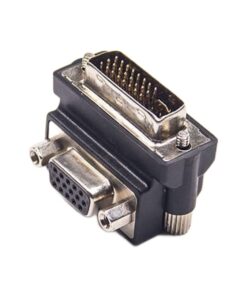Adaptateur DVI vers VGA coudé à 90 degrés, fiche DVI-I 24+5 et prise, vue de trois quarts