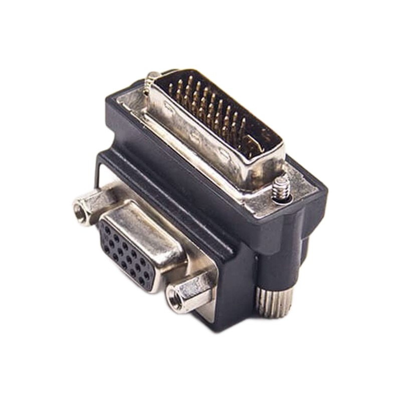 Adaptateur DVI vers VGA coudé à 90 degrés, fiche DVI-I 24+5 et prise Adaptateur DVI vers VGA coudé à 90 degrés, fiche DVI-I 24+5 et prise, vue de trois quarts