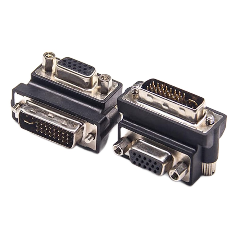 Adaptateur DVI vers VGA coudé à 90 degrés, fiche DVI-I 24+5 et prise Adaptateur DVI vers VGA coudé à 90 degrés, fiche DVI-I 24+5 et prise, vue de face