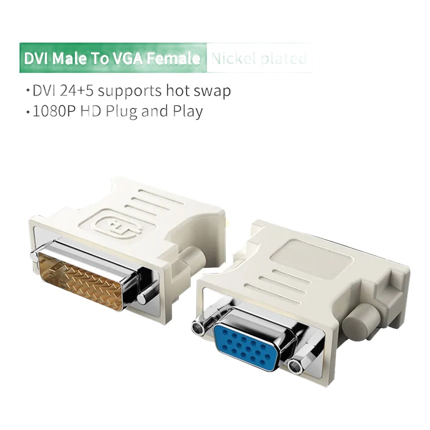 Adaptateur DVI VGA, DVI-I 24+5 mâle vers VGA femelle, noir ou blanc Adaptateur DVI VGA, DVI-I 24+5 mâle vers VGA femelle, noir ou blanc, vue de face