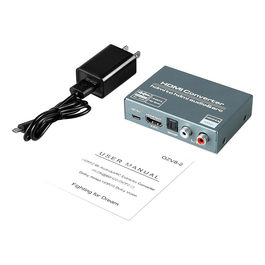 Adaptateur HDMI optique 4K 60 Hz avec ARC, sorties TOSLINK, RCA et jack Adaptateur HDMI optique 4K 60 Hz avec ARC, sorties TOSLINK, RCA et jack, vue de trois quarts