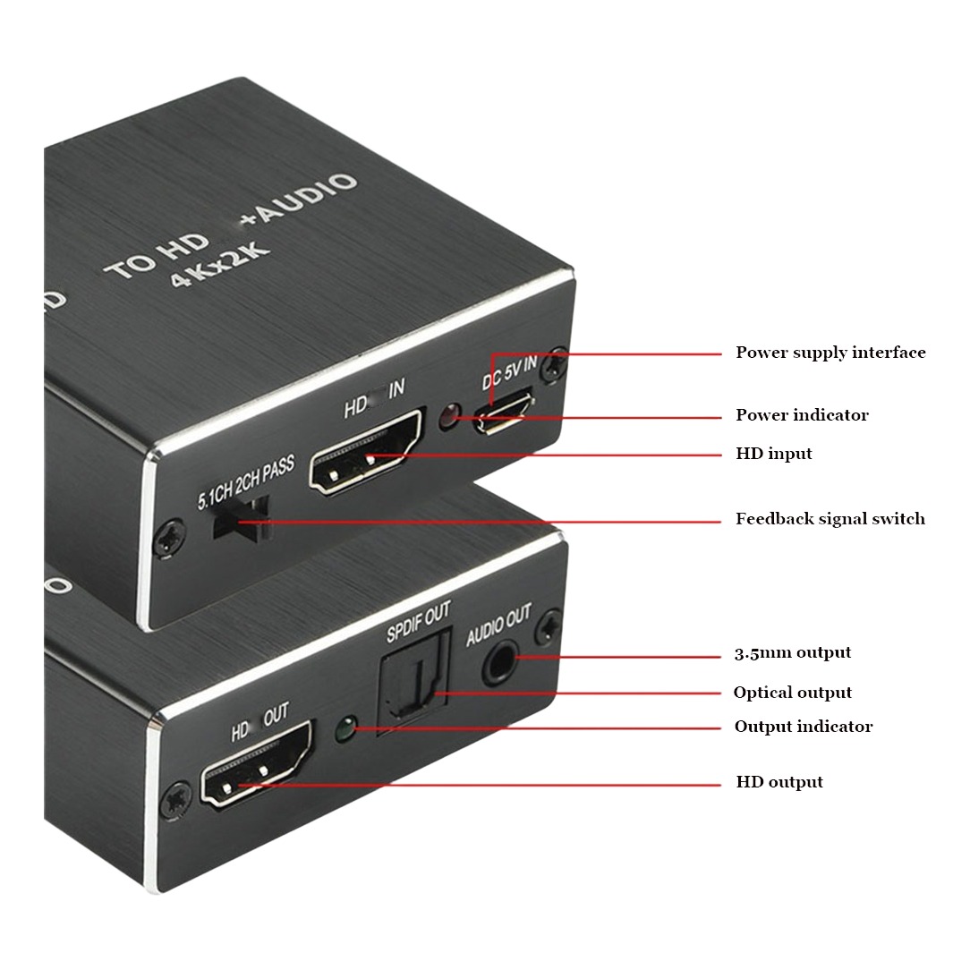 Adaptateur HDMI optique, extracteur audio 4K vers TOSLINK et jack Adaptateur HDMI optique, extracteur audio 4K vers TOSLINK et jack, vue arriere