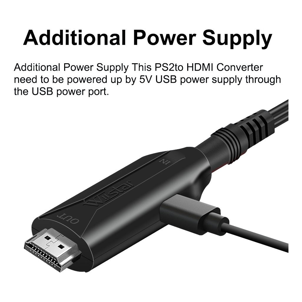 Adaptateur HDMI PS2 en câble, alimenté par USB, 720p ou 1080p Adaptateur HDMI PS2 en câble, alimenté par USB, 720p ou 1080p, vue de face