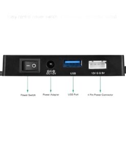 Adaptateur IDE USB 3.0 en boîtier, avec interrupteur et bloc secteur, vue de trois quarts