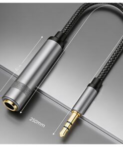 Adaptateur jack 6,35 femelle vers 3,5 mâle, rallonge tressée ou embout, vue de trois quarts