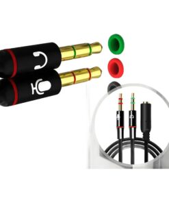 Adaptateur jack casque micro, une prise 3,5 mm vers deux fiches séparées, vue de trois quarts