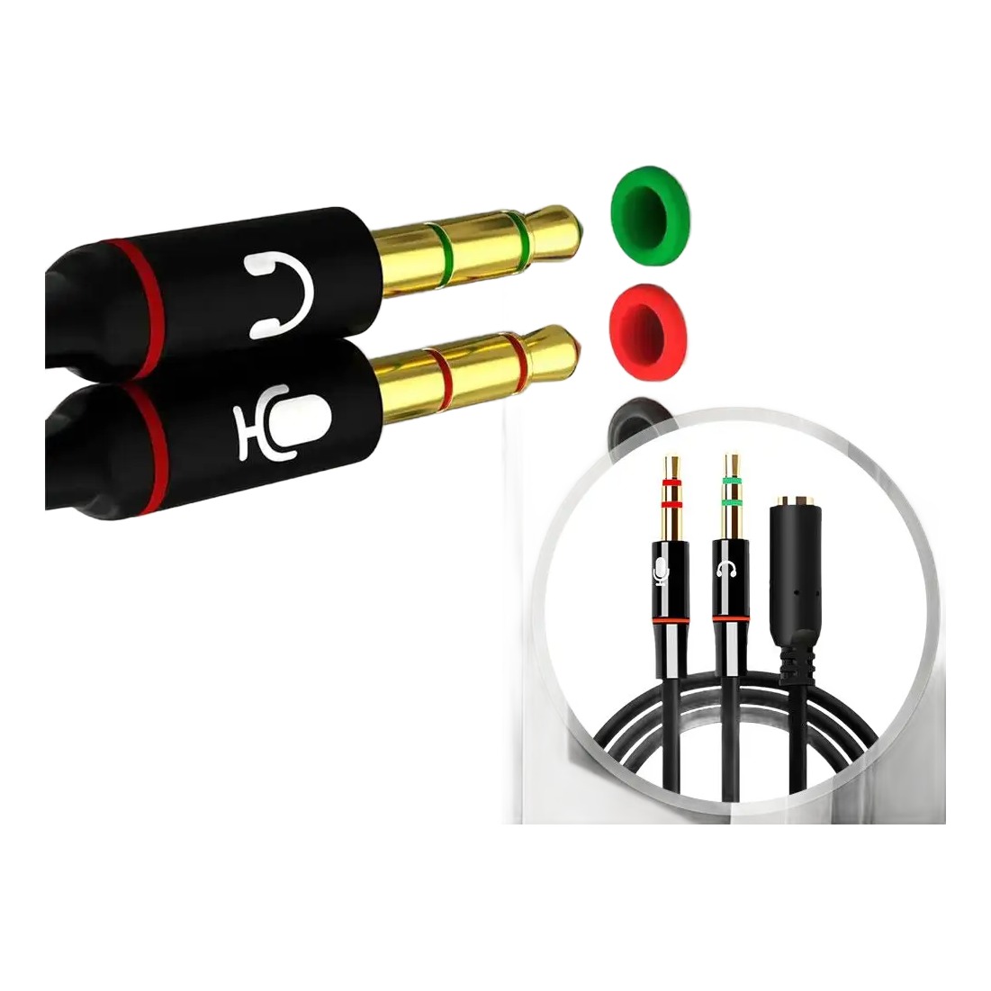 Adaptateur jack casque micro, une prise 3,5 mm vers deux fiches séparées Adaptateur jack casque micro, une prise 3,5 mm vers deux fiches séparées, vue de trois quarts