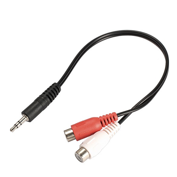 Adaptateur jack RCA, câble jack 3,5 mm mâle vers deux RCA femelles Adaptateur jack RCA, câble jack 3,5 mm mâle vers deux RCA femelles, vue de trois quarts