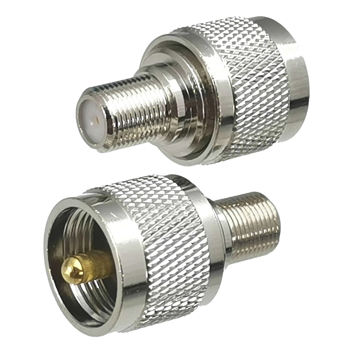 Adaptateur PL259 mâle vers prise F femelle, raccord coaxial droit Adaptateur PL259 mâle vers prise F femelle, raccord coaxial droit, vue principale