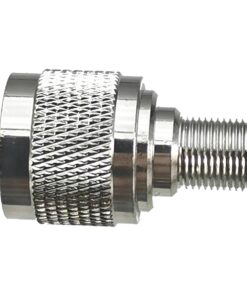 Adaptateur PL259 mâle vers prise F femelle, raccord coaxial droit, vue de trois quarts