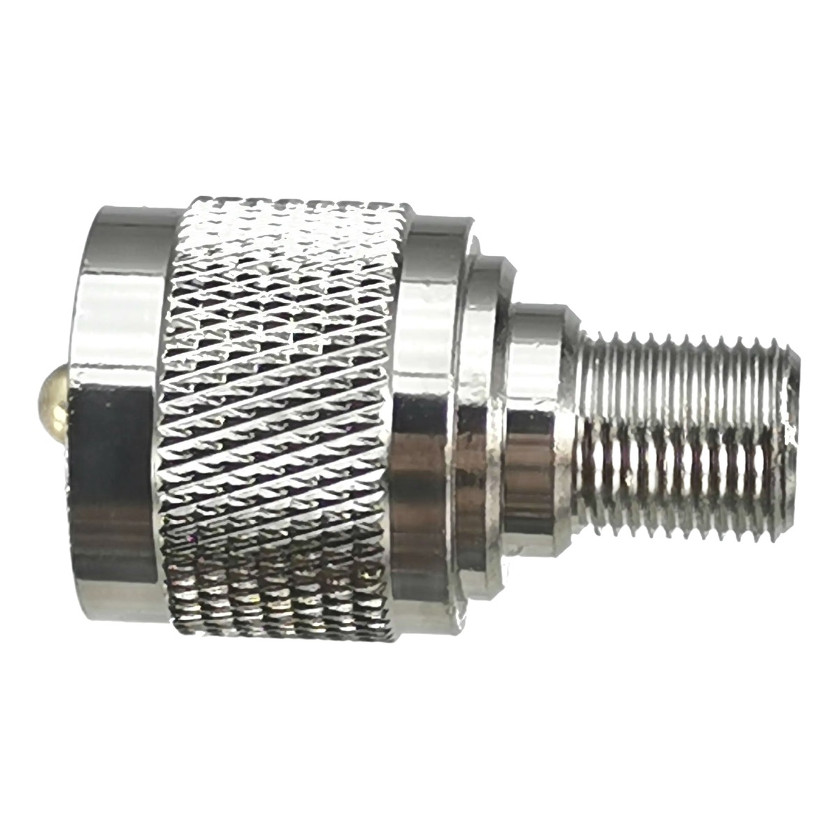Adaptateur PL259 mâle vers prise F femelle, raccord coaxial droit Adaptateur PL259 mâle vers prise F femelle, raccord coaxial droit, vue de trois quarts