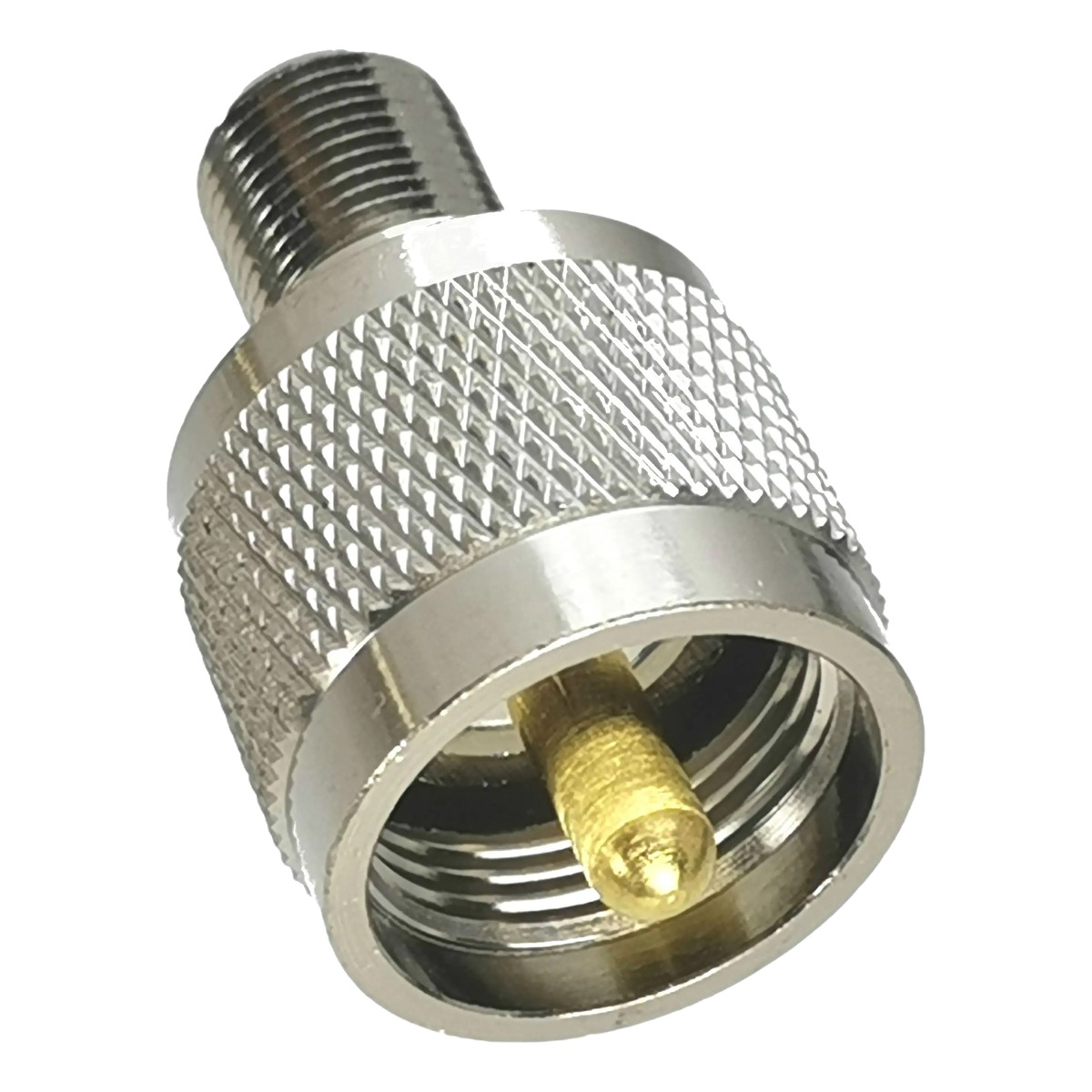 Adaptateur PL259 mâle vers prise F femelle, raccord coaxial droit Adaptateur PL259 mâle vers prise F femelle, raccord coaxial droit, vue de face