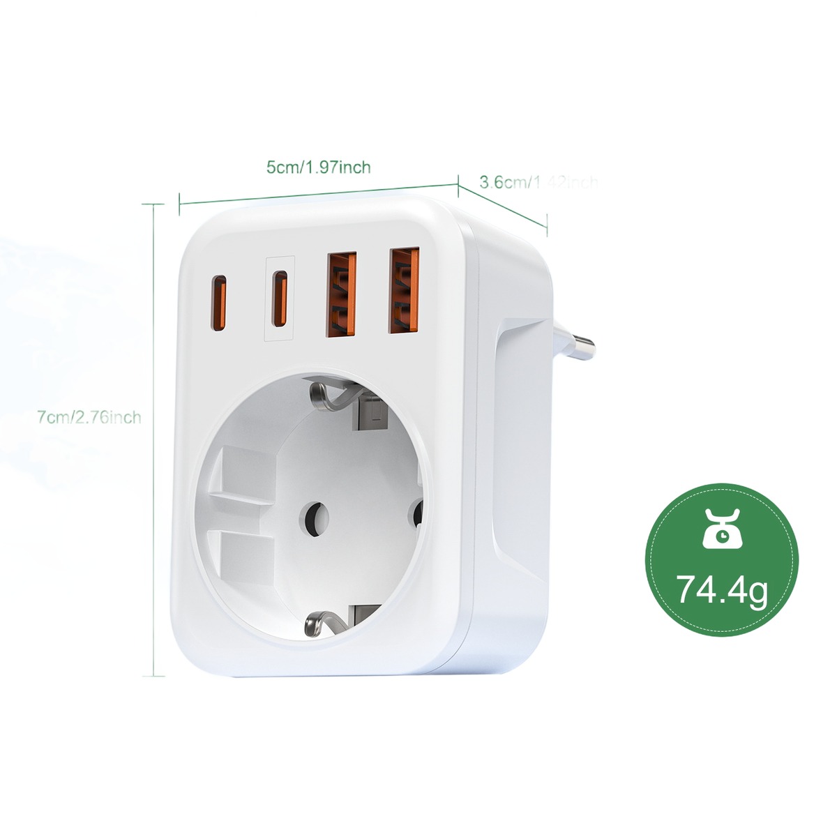 Adaptateur prise Chili type L avec prise Schuko et quatre ports USB Adaptateur prise Chili type L avec prise Schuko et quatre ports USB, detail