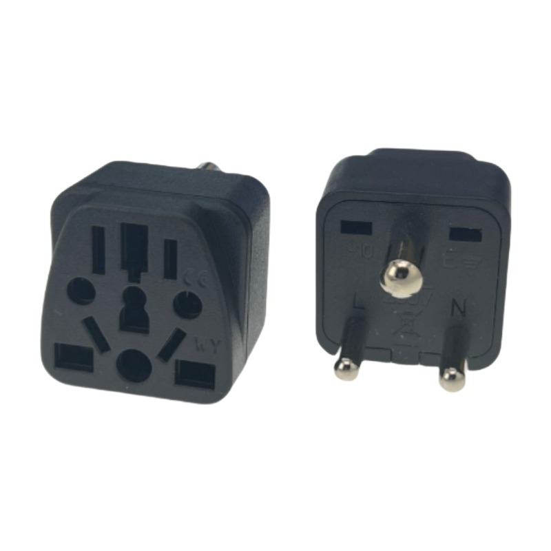 Adaptateur prise Inde type D à trois broches rondes, noir ou blanc Adaptateur prise Inde type D à trois broches rondes, noir ou blanc, vue de face