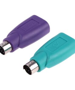 Adaptateur PS2 mâle vers prise USB femelle, violet ou vert, vue de trois quarts