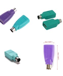 Adaptateur PS2 mâle vers prise USB femelle, violet ou vert, vue de profil