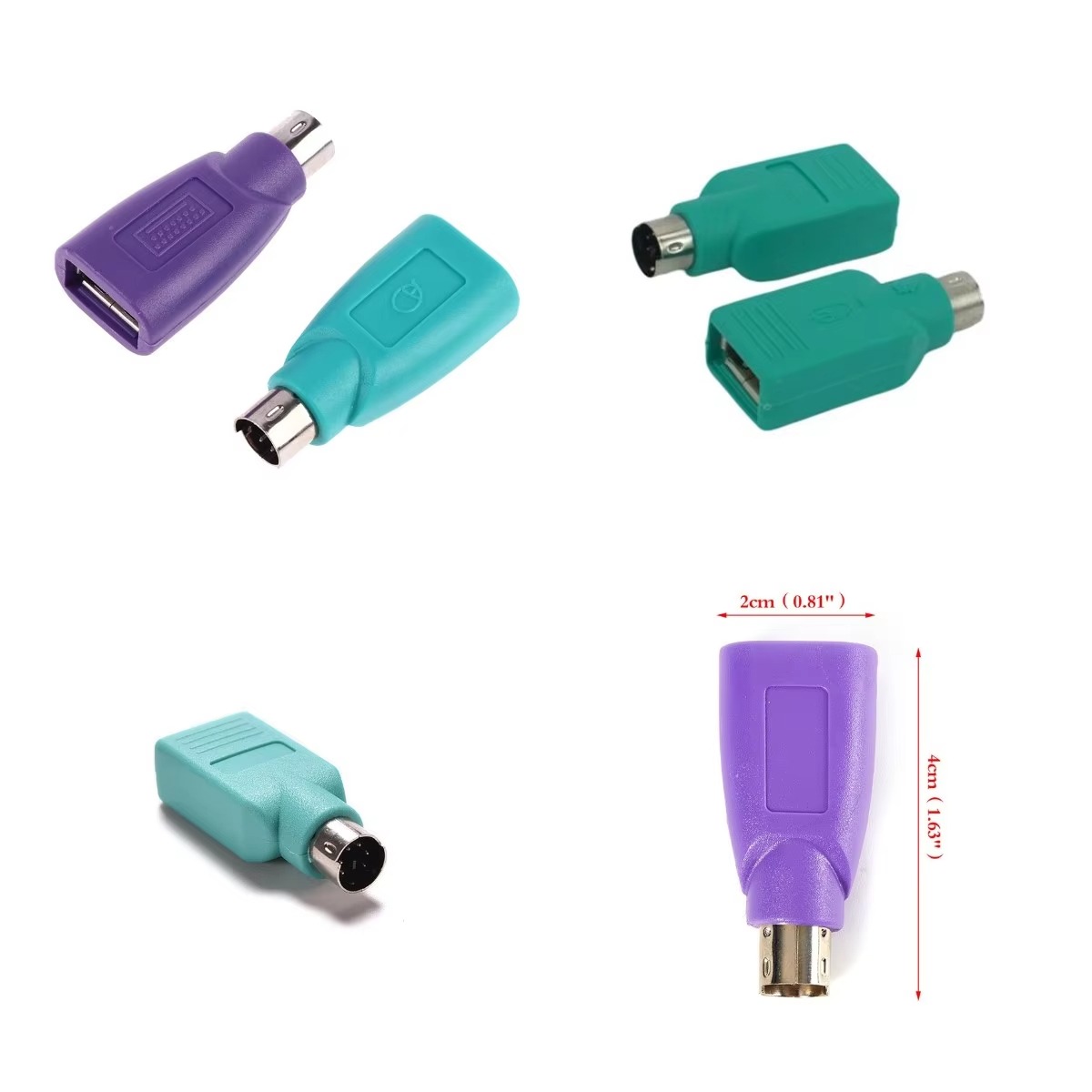 Adaptateur PS2 mâle vers prise USB femelle, violet ou vert Adaptateur PS2 mâle vers prise USB femelle, violet ou vert, vue de profil