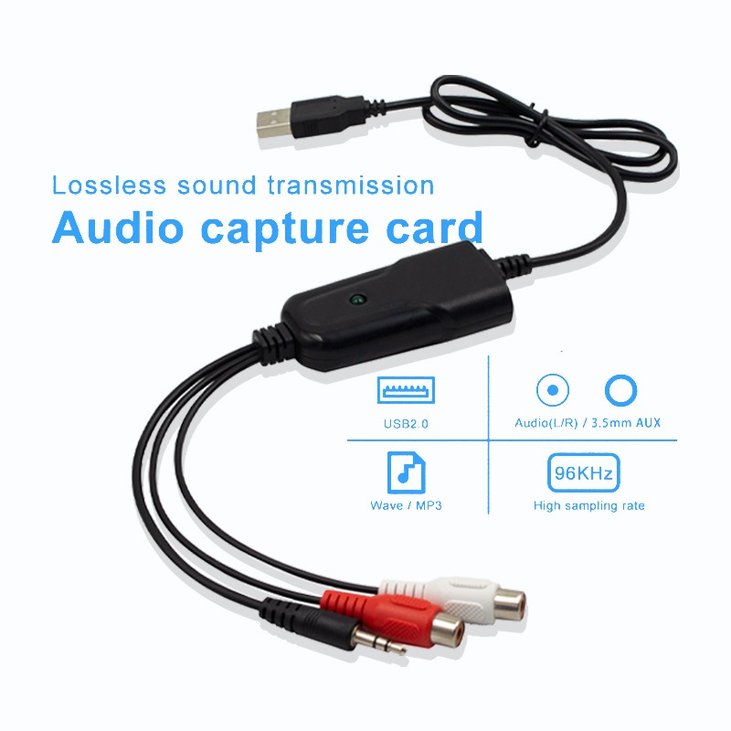 Adaptateur RCA USB pour numériser cassettes et minidisques Adaptateur RCA USB pour numériser cassettes et minidisques, vue de trois quarts
