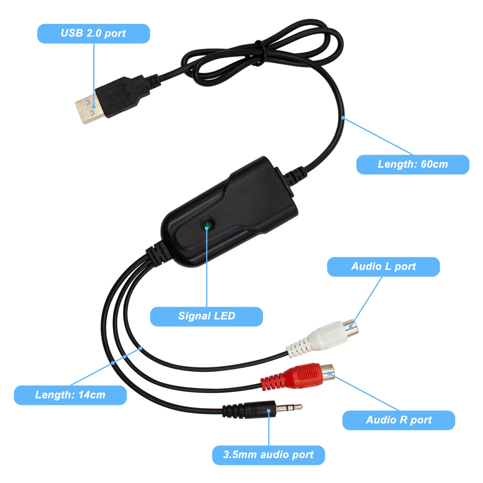 Adaptateur RCA USB pour numériser cassettes et minidisques Adaptateur RCA USB pour numériser cassettes et minidisques, vue de face