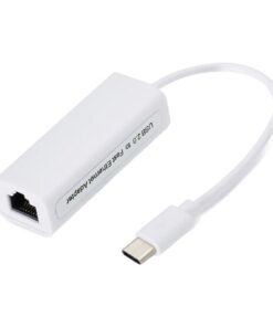 Adaptateur RJ45 USB 100 Mbit/s blanc, fiche USB, micro USB ou USB-C, vue de trois quarts