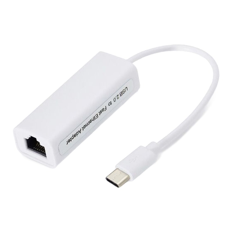 Adaptateur RJ45 USB 100 Mbit/s blanc, fiche USB, micro USB ou USB-C Adaptateur RJ45 USB 100 Mbit/s blanc, fiche USB, micro USB ou USB-C, vue de trois quarts