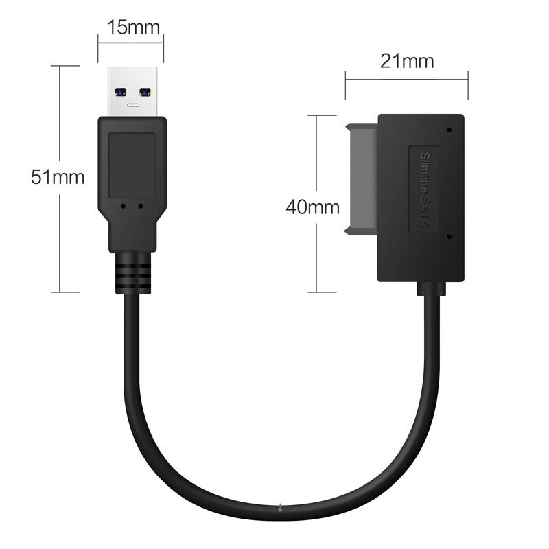 Adaptateur SATA slim 13 broches vers USB pour lecteur optique Adaptateur SATA slim 13 broches vers USB pour lecteur optique, vue de profil