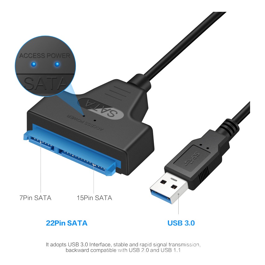 Adaptateur SATA USB pour disque 2,5 pouces, USB 3.0, 2.0 ou USB-C Adaptateur SATA USB pour disque 2,5 pouces, USB 3.0, 2.0 ou USB-C, vue de trois quarts