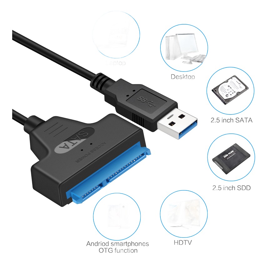 Adaptateur SATA USB pour disque 2,5 pouces, USB 3.0, 2.0 ou USB-C Adaptateur SATA USB pour disque 2,5 pouces, USB 3.0, 2.0 ou USB-C, vue de face