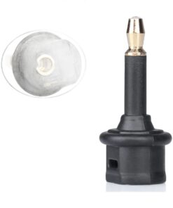 Adaptateur Toslink mini jack, prise optique carrée vers fiche 3,5 mm, vue de trois quarts