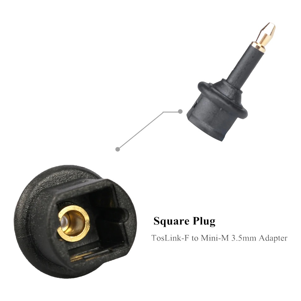 Adaptateur Toslink mini jack, prise optique carrée vers fiche 3,5 mm Adaptateur Toslink mini jack, prise optique carrée vers fiche 3,5 mm, vue de face