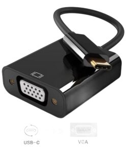 Adaptateur USB C VGA 1080p, boîtier noir et câble court, vue de trois quarts