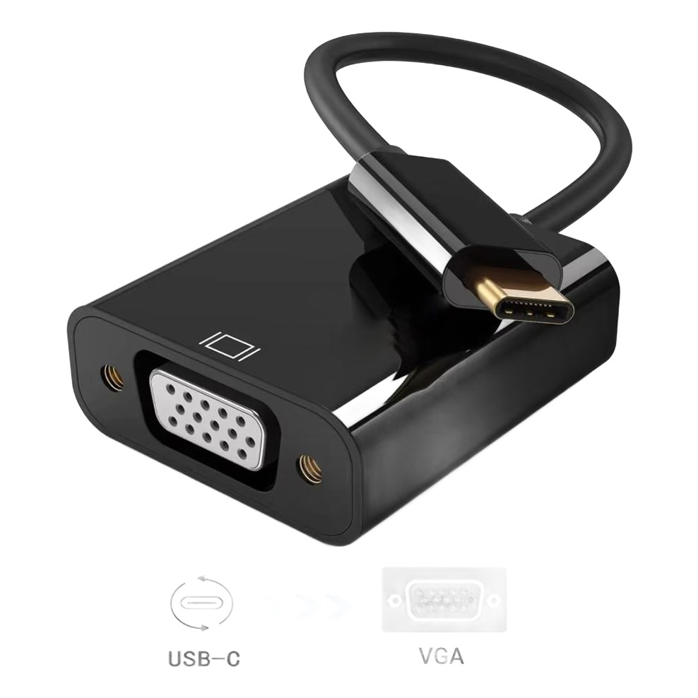Adaptateur USB C VGA 1080p, boîtier noir et câble court Adaptateur USB C VGA 1080p, boîtier noir et câble court, vue de trois quarts