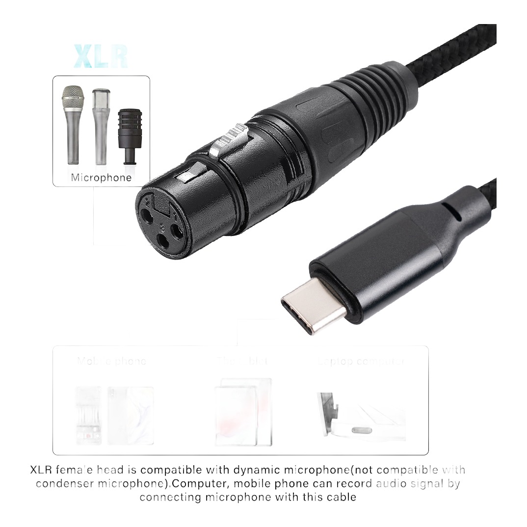 Adaptateur USB vers XLR femelle à fiche USB-C, câble tressé de 2 ou 3 m Adaptateur USB vers XLR femelle à fiche USB-C, câble tressé de 2 ou 3 m, vue de trois quarts
