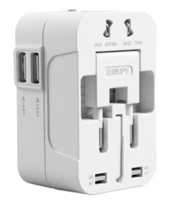 Adaptateur voyage universel compact blanc, fiches coulissantes et USB, vue principale
