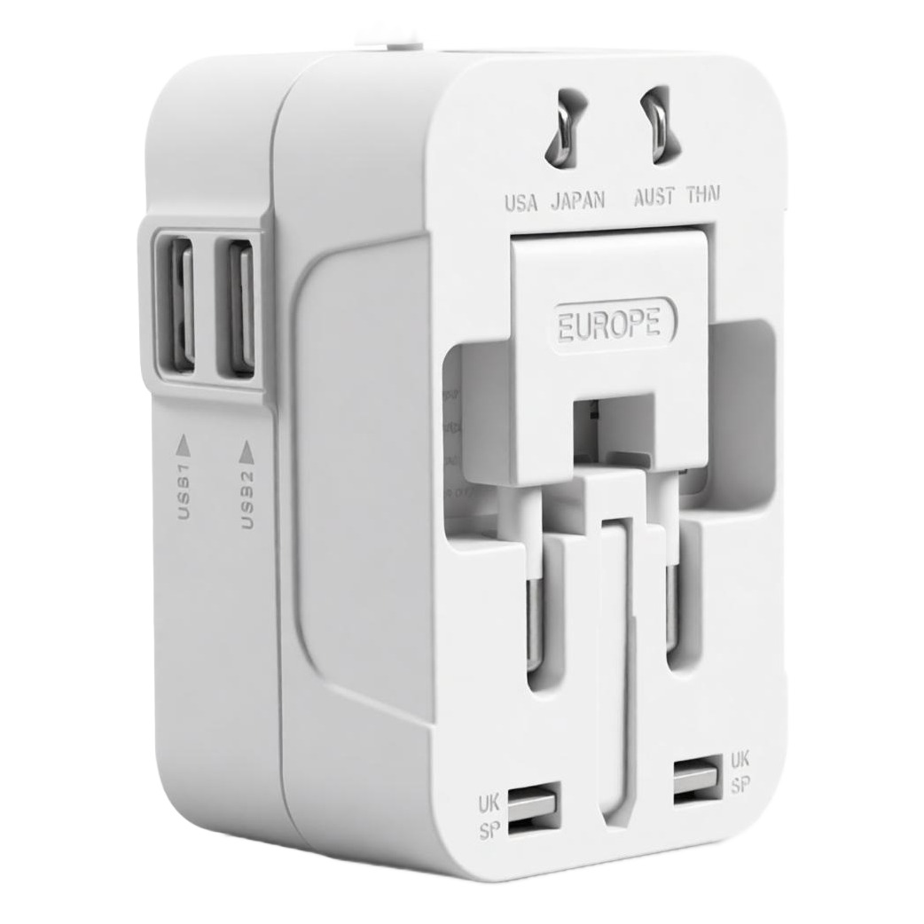 Adaptateur voyage universel compact blanc, fiches coulissantes et USB Adaptateur voyage universel compact blanc, fiches coulissantes et USB, vue principale