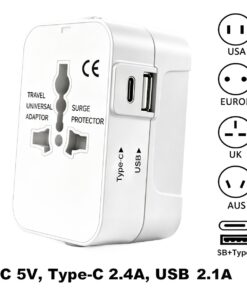 Adaptateur voyage universel compact blanc, fiches coulissantes et USB, vue de trois quarts
