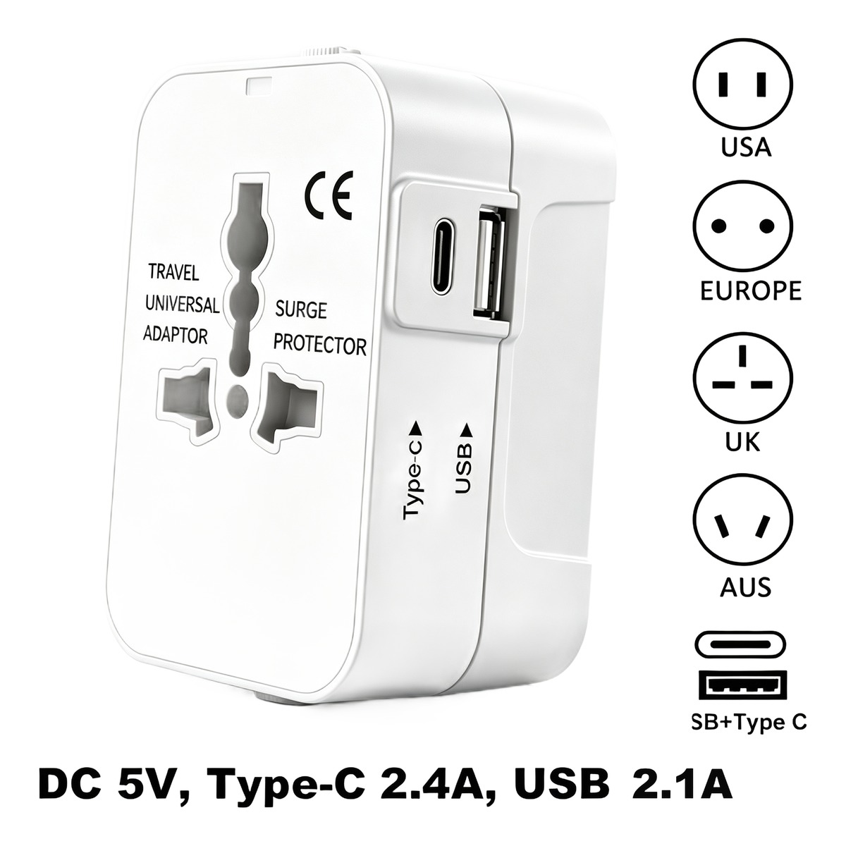 Adaptateur voyage universel compact blanc, fiches coulissantes et USB Adaptateur voyage universel compact blanc, fiches coulissantes et USB, vue de trois quarts