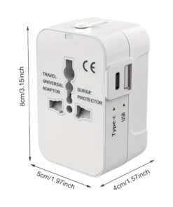 Adaptateur voyage universel compact blanc, fiches coulissantes et USB, vue de face