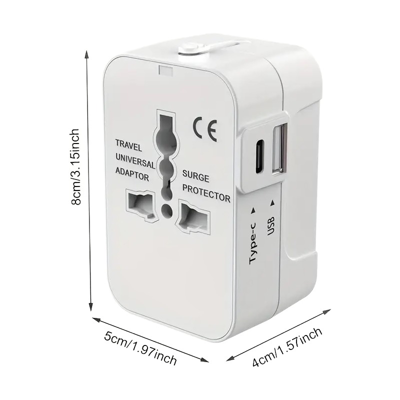 Adaptateur voyage universel compact blanc, fiches coulissantes et USB Adaptateur voyage universel compact blanc, fiches coulissantes et USB, vue de face