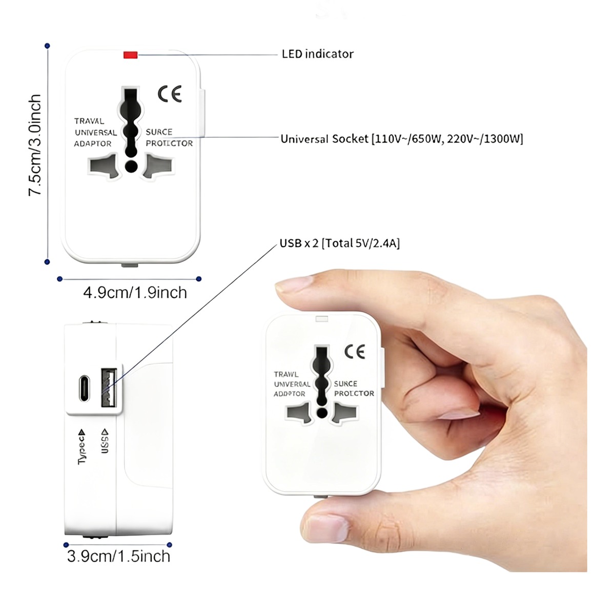 Adaptateur voyage universel compact blanc, fiches coulissantes et USB Adaptateur voyage universel compact blanc, fiches coulissantes et USB, detail